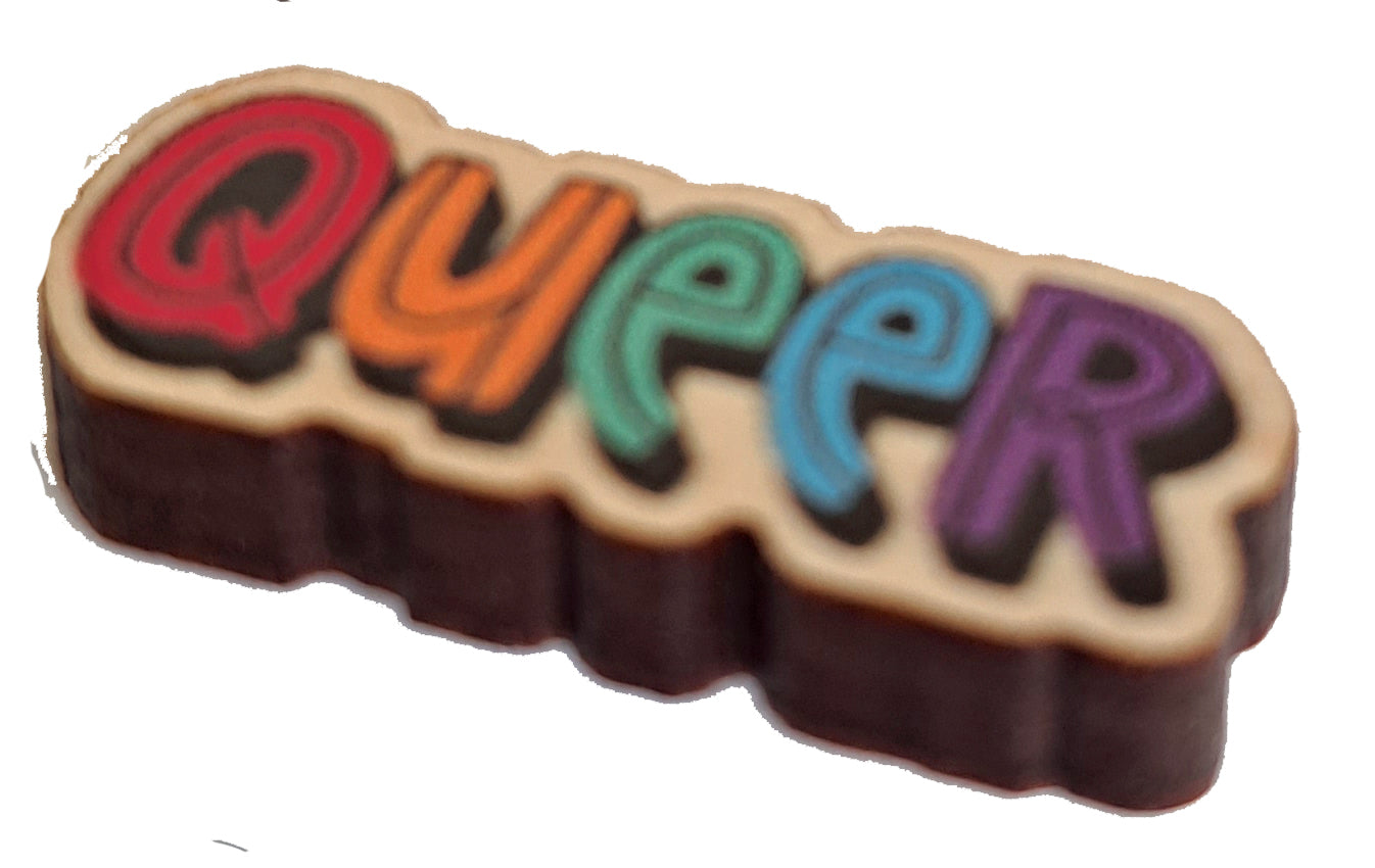 Queer pride wooden pin badge