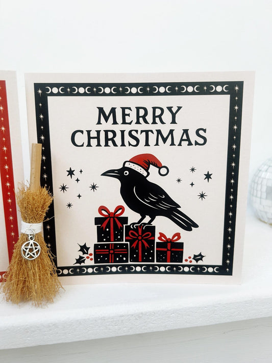 Raven on Presents Christmas Card
