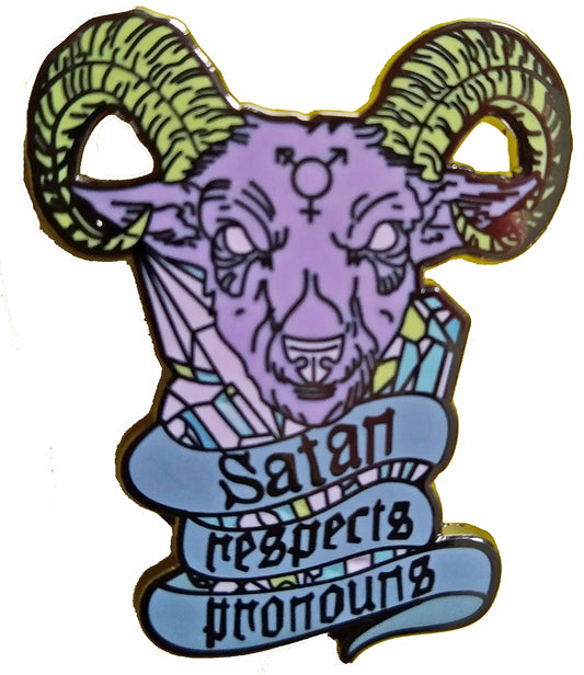 Satan Respects Pronouns enamel pin badge